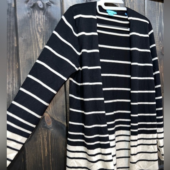 J.‎ McLaughlin Merino Wool Cardigan M Black Cream Striped Long Open Soft Stretch - Picture 2 of 10